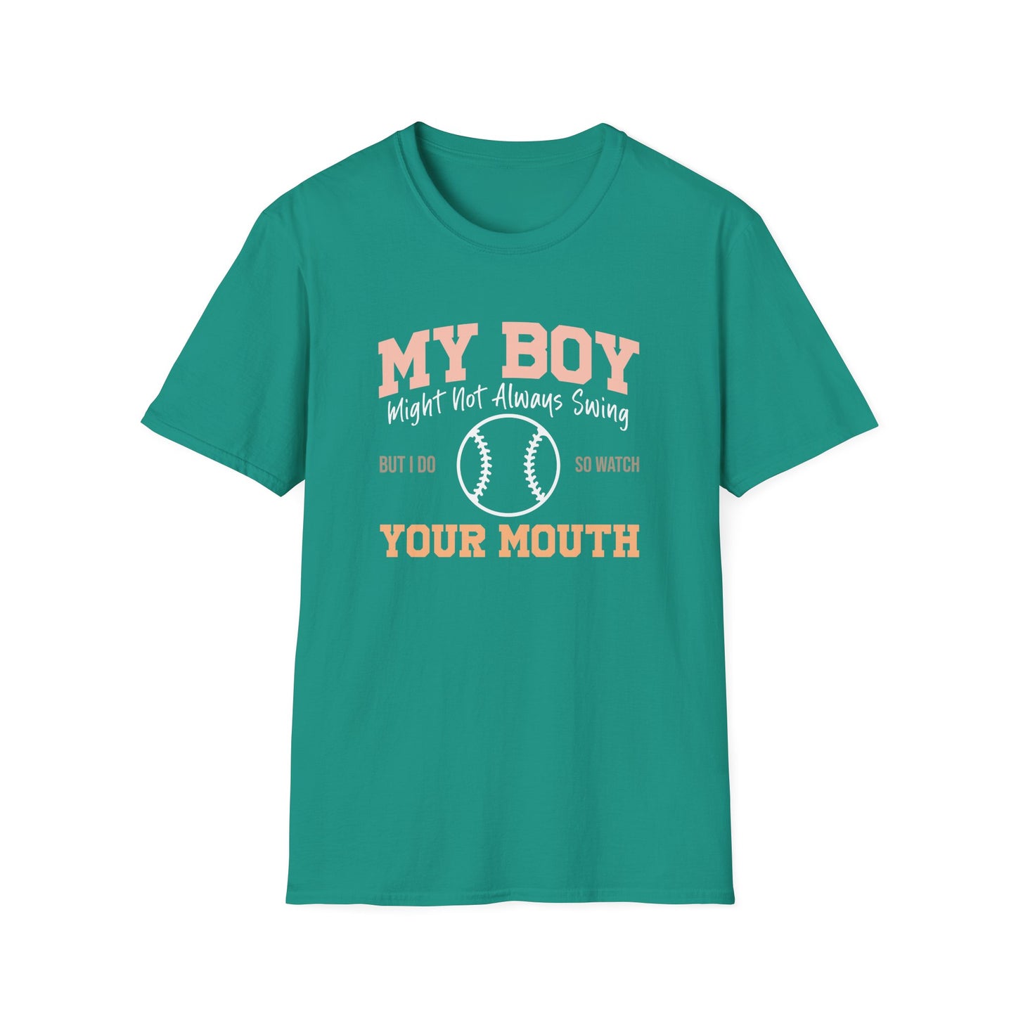 Funny Baseball Mom Shirt – “My Boy Might Not Always Swing” Graphic Tee | Sports Mom T-Shirt | Baseball Season Gift | Proud Boy Mom Tee