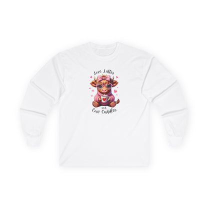 Cow Cuddles Long Sleeve Tee – Cute Cow with Coffee Valentine Shirt