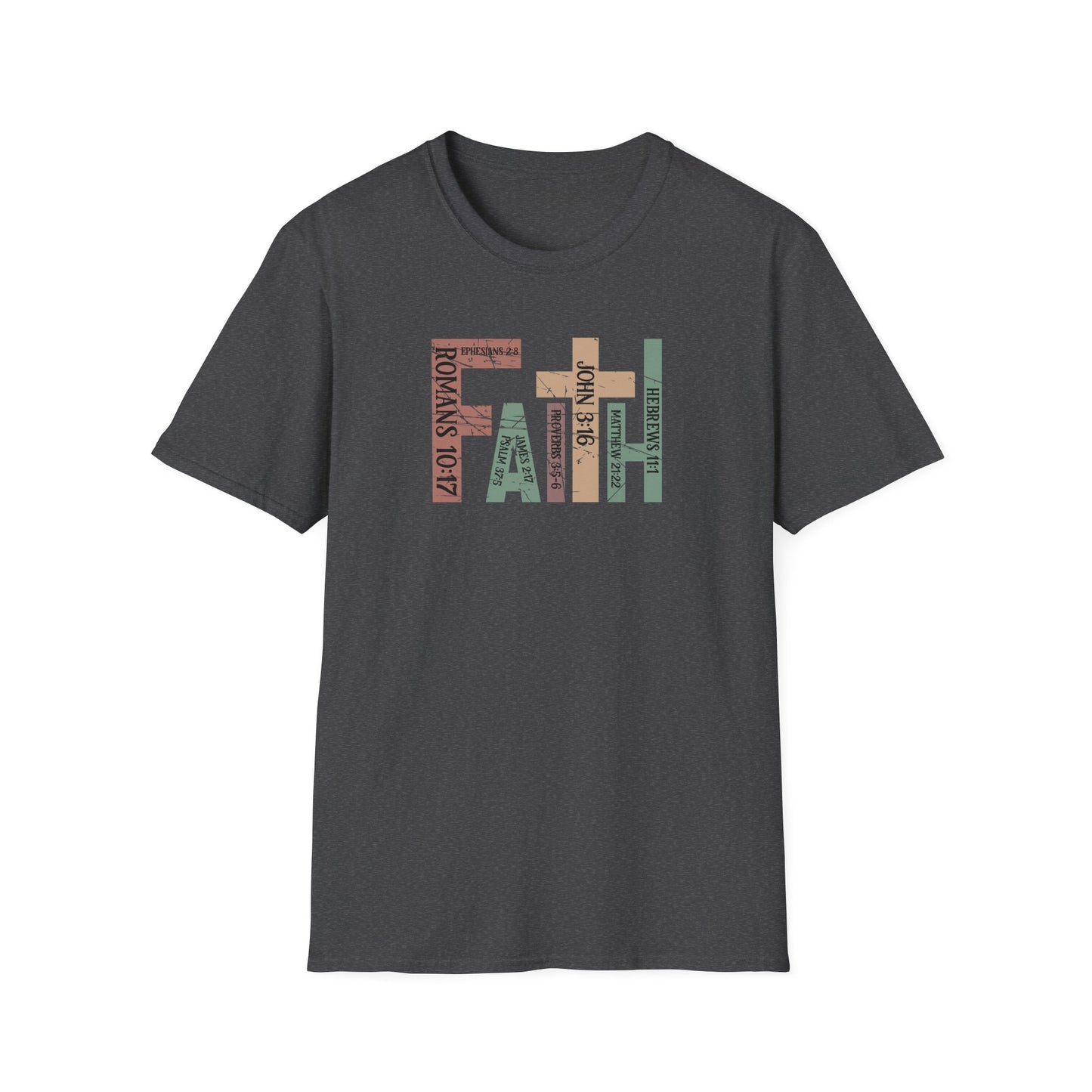 Faith Graphic T-Shirt — "Faith" with Cross & Bible Verse (Romans 10:17 / John 3:16)