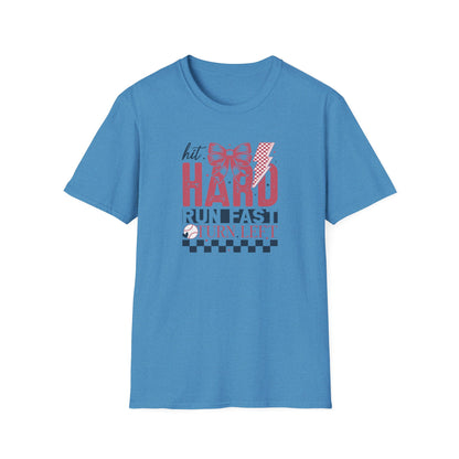 Hit Hard Run Fast Turn Left Baseball Shirt – Cute Softball Bow Tee | Game Day Shirt for Women | Sports Mom Graphic T-Shirt
