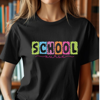 School Nurse T-Shirt — Colorful Block Letters Design
