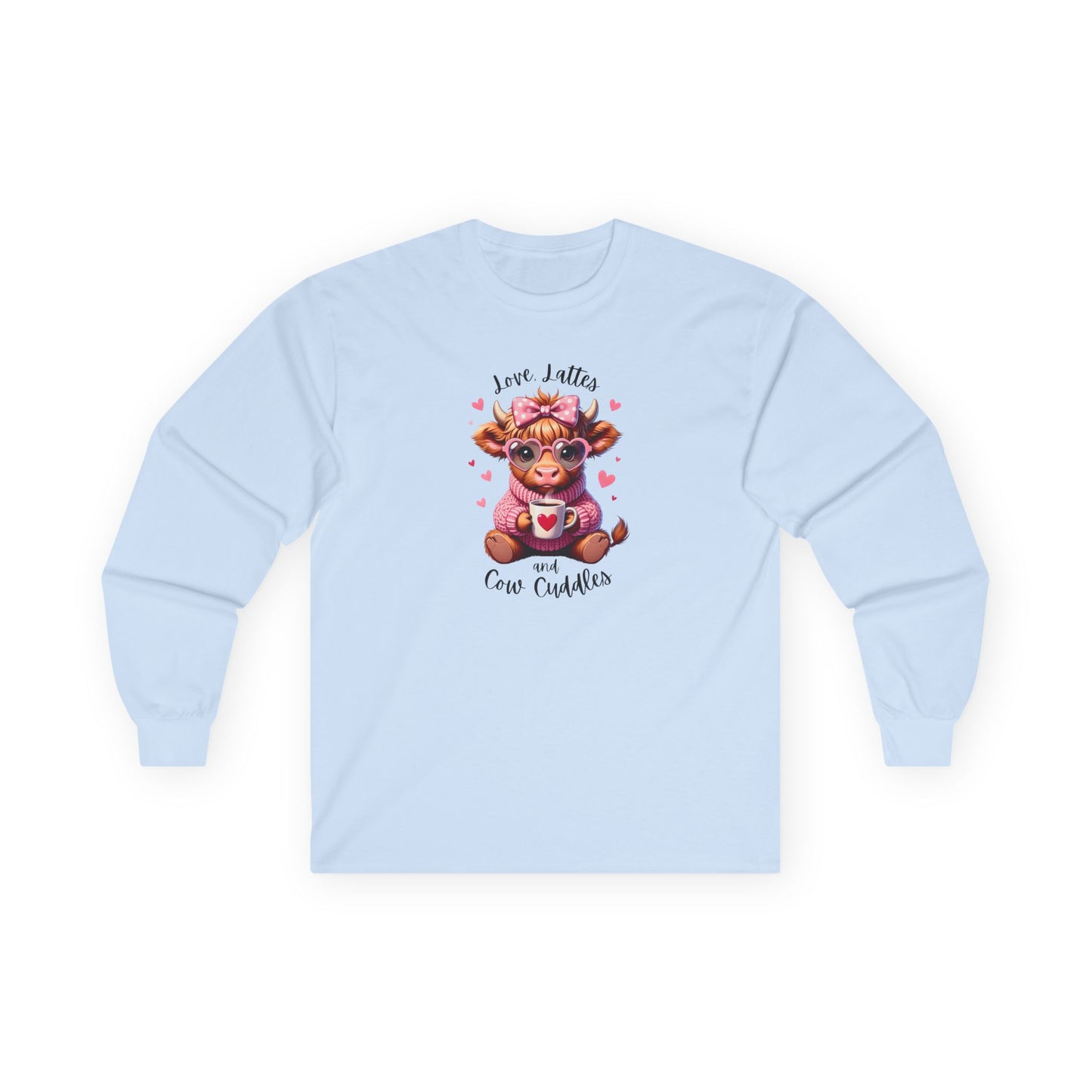 Cow Cuddles Long Sleeve Tee – Cute Cow with Coffee Valentine Shirt