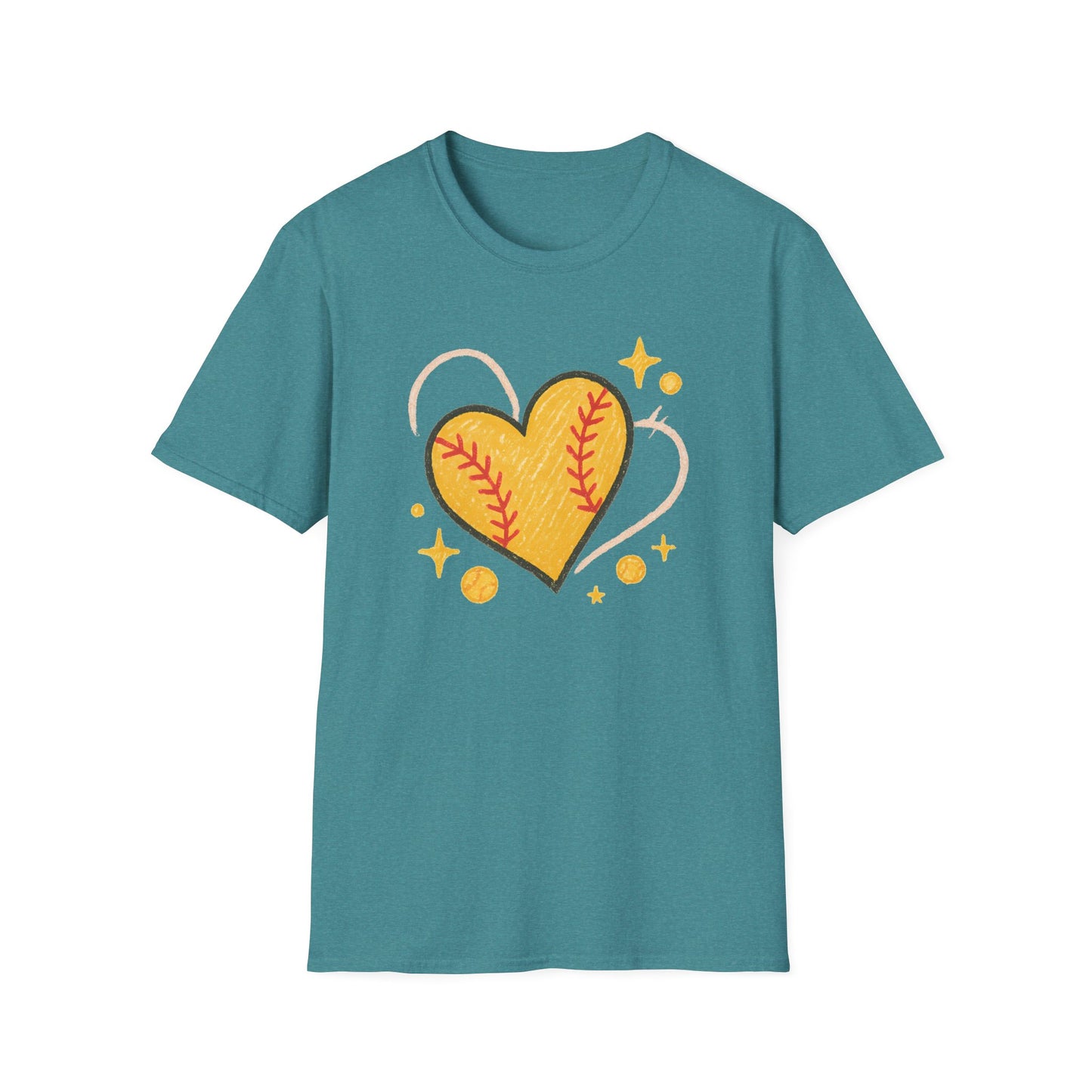 Softball Heart Shirt – Cute Softball Love Graphic Tee, Yellow Softball Heart Design, Softball Mom Gift, Fast Pitch Softball Apparel