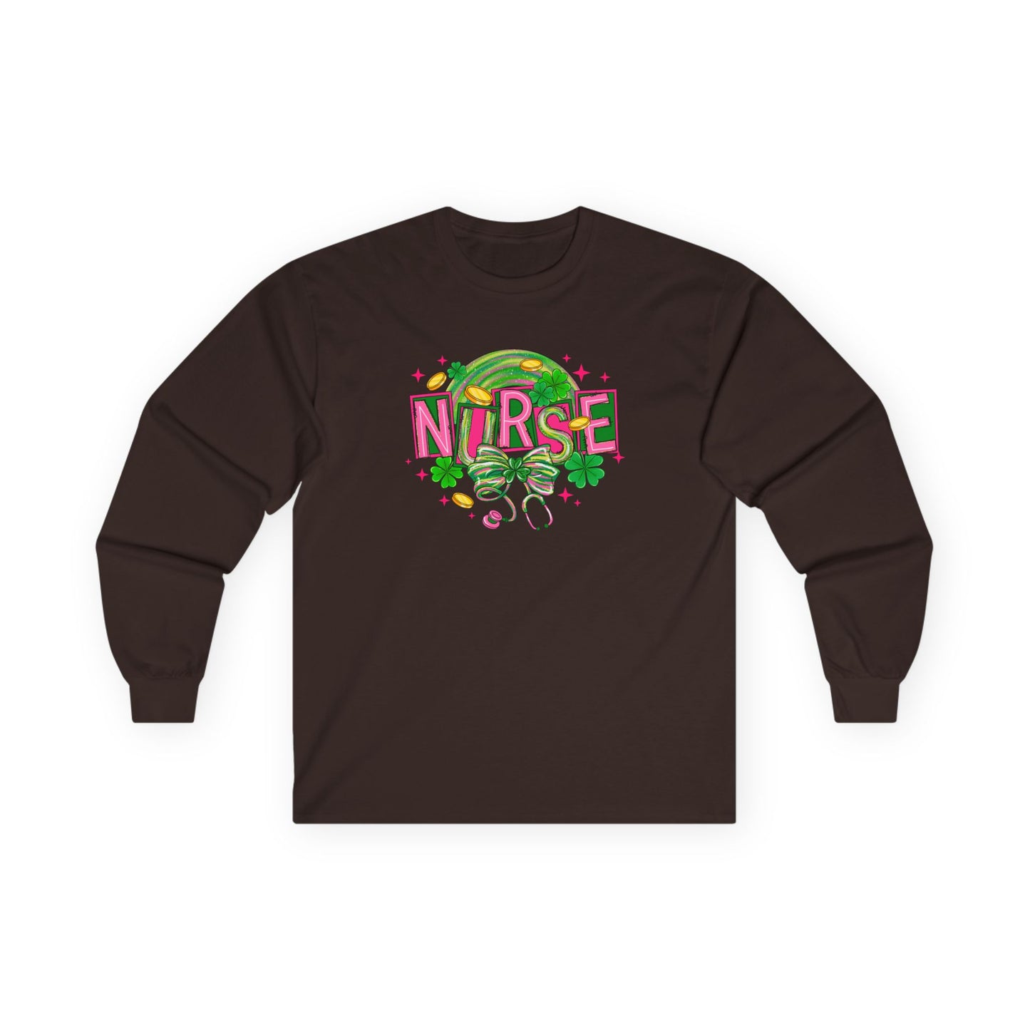 Nurse Stethoscope Graphic Long Sleeve Tee — Cute Green & Pink Healthcare Shirt