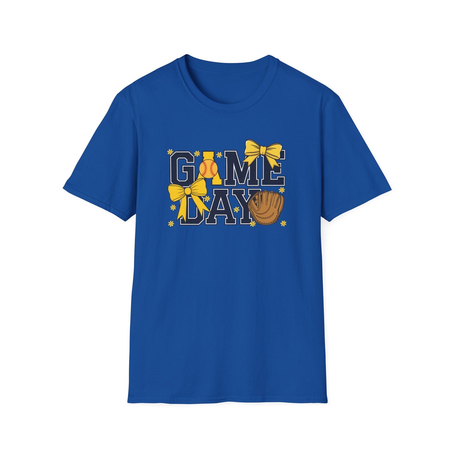 Game Day Softball Bow Shirt – Cute Baseball Mom Tee, Yellow Bow Sports Graphic T-Shirt, Women’s Game Day Outfit, Softball Fan Apparel