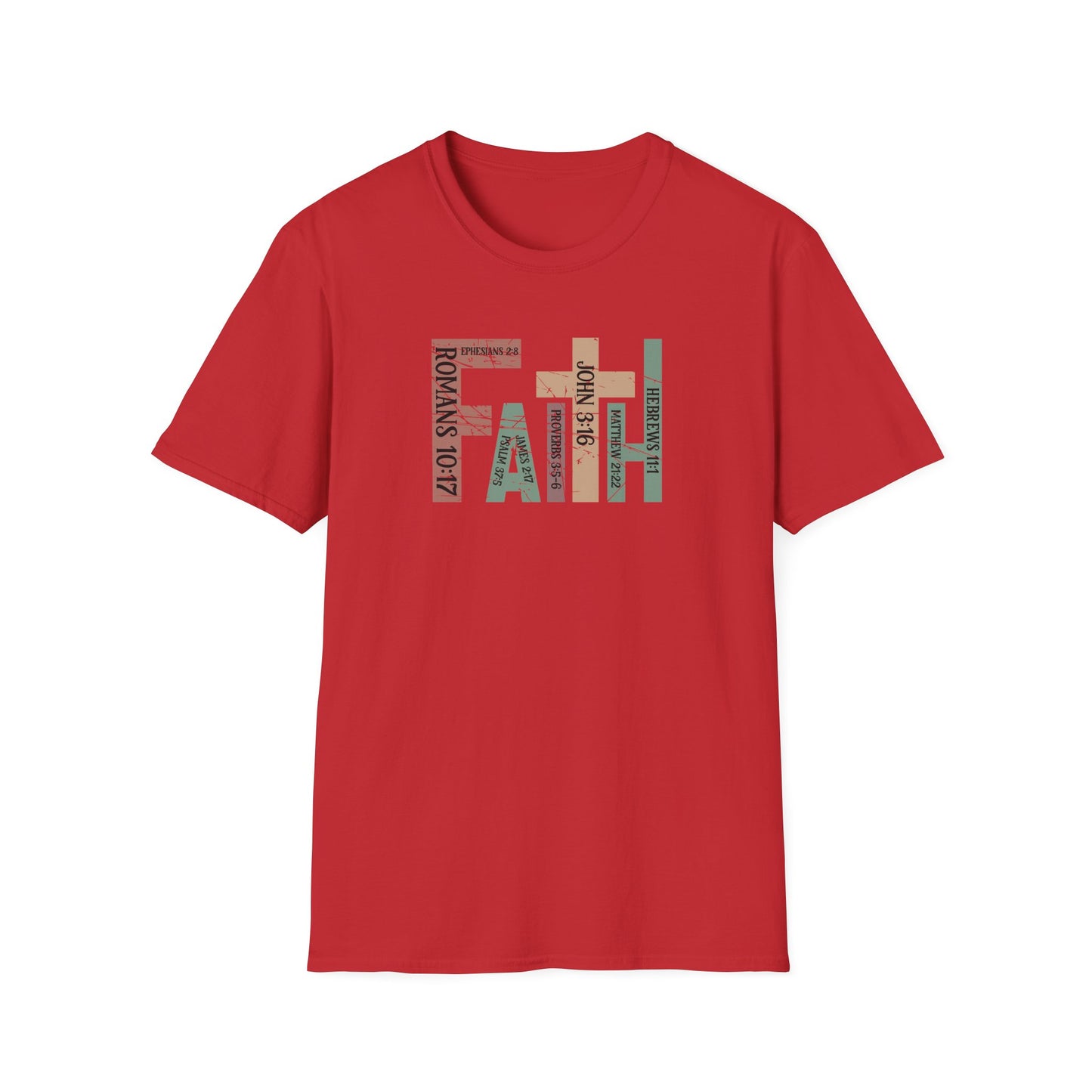 Faith Graphic T-Shirt — "Faith" with Cross & Bible Verse (Romans 10:17 / John 3:16)