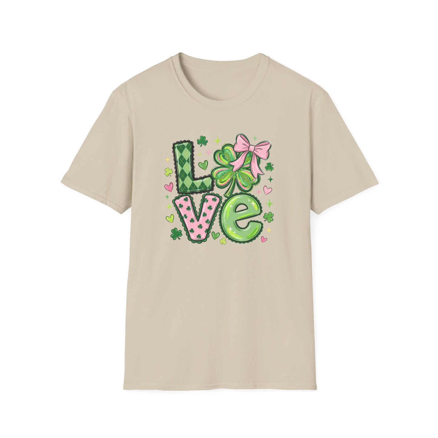St. Patrick’s Day Love Shirt – Cute Shamrock Bow Graphic Tee, Pink & Green Clover Love Design, Lucky Irish Coquette Style Shirt