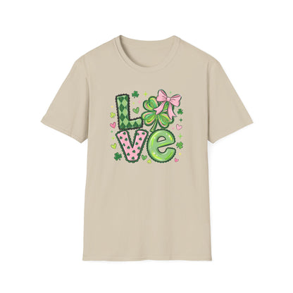 St. Patrick’s Day Love Shirt – Cute Shamrock Bow Graphic Tee, Pink & Green Clover Love Design, Lucky Irish Coquette Style Shirt