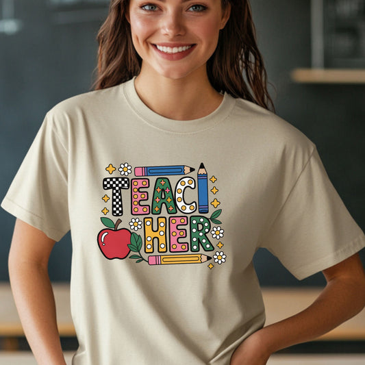 Teacher Graphic T-Shirt — Colorful Apple & Pencil Back-to-School Tee