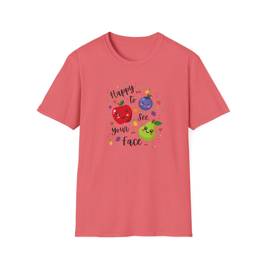 Cute Kawaii Fruit Shirt – Smiling Apple Pear Blueberry Tee – Fun Kids Summer T-Shirt – Colorful Cartoon Fruit Design