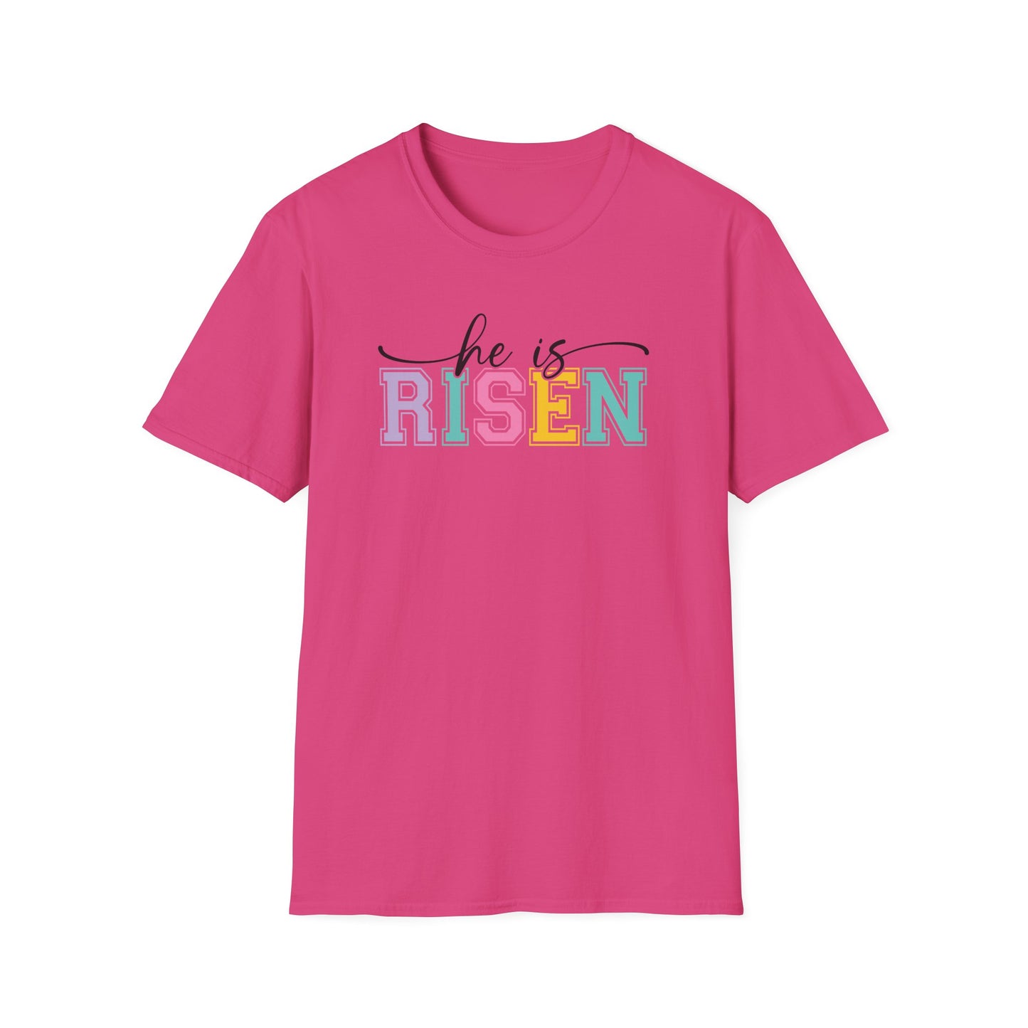 He Is Risen Christian Easter T-Shirt – Faith Based Front & Back Graphic Tee, Religious Resurrection Shirt, Pastel Easter Church Outfit for Women