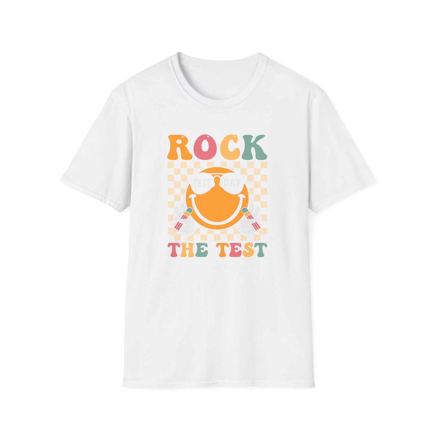 Rock The Test T-Shirt — Retro Smiley Motivation Tee for Students & Teachers