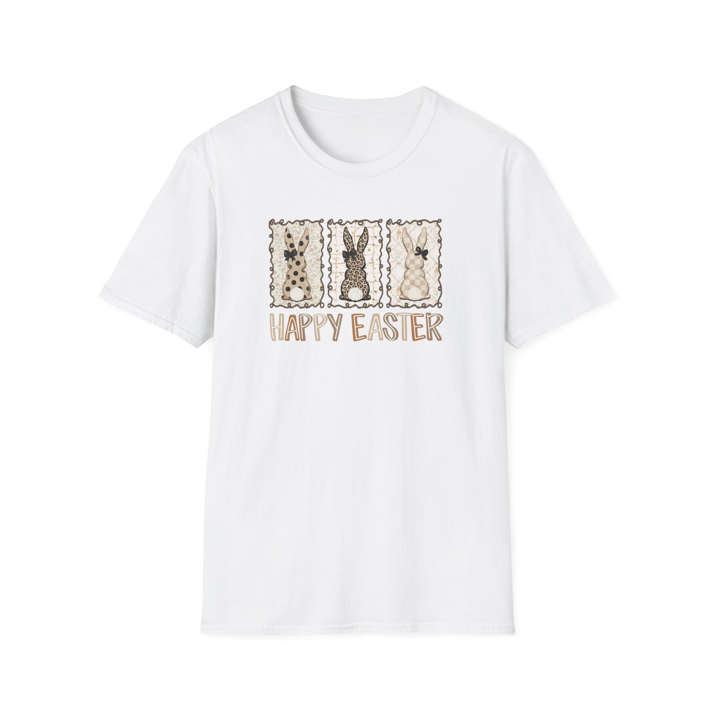 Neutral Happy Easter Bunny Shirt – Vintage Style Easter Graphic Tee, Leopard & Plaid Bunny T-Shirt, Minimalist Spring Holiday Shirt, Women’s Easter Outfit