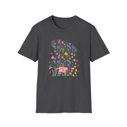 Floral Easter Bunny T-Shirt – Cute Spring Flower Bunny Graphic Tee, Pastel Botanical Easter Shirt, Colorful Rabbit Silhouette Tee for Women