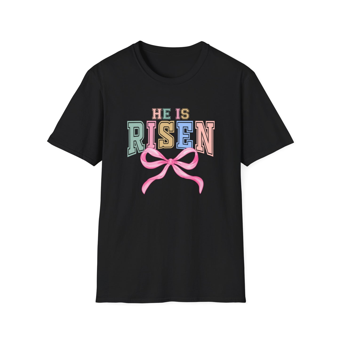 He Is Risen Easter Shirt, Christian Easter Bow Tee, Faith Based Easter Shirt Women, Religious Easter Outfit, Coquette Pastel Christian Graphic T-Shirt
