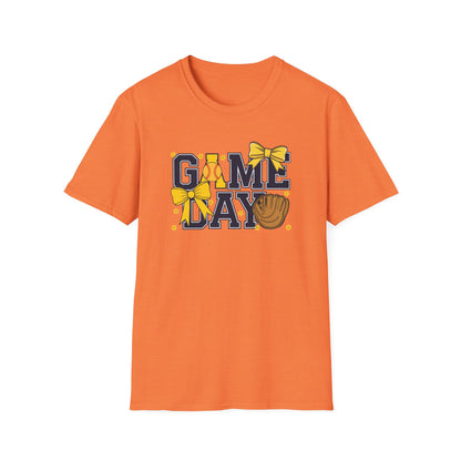 Game Day Softball Bow Shirt – Cute Baseball Mom Tee, Yellow Bow Sports Graphic T-Shirt, Women’s Game Day Outfit, Softball Fan Apparel