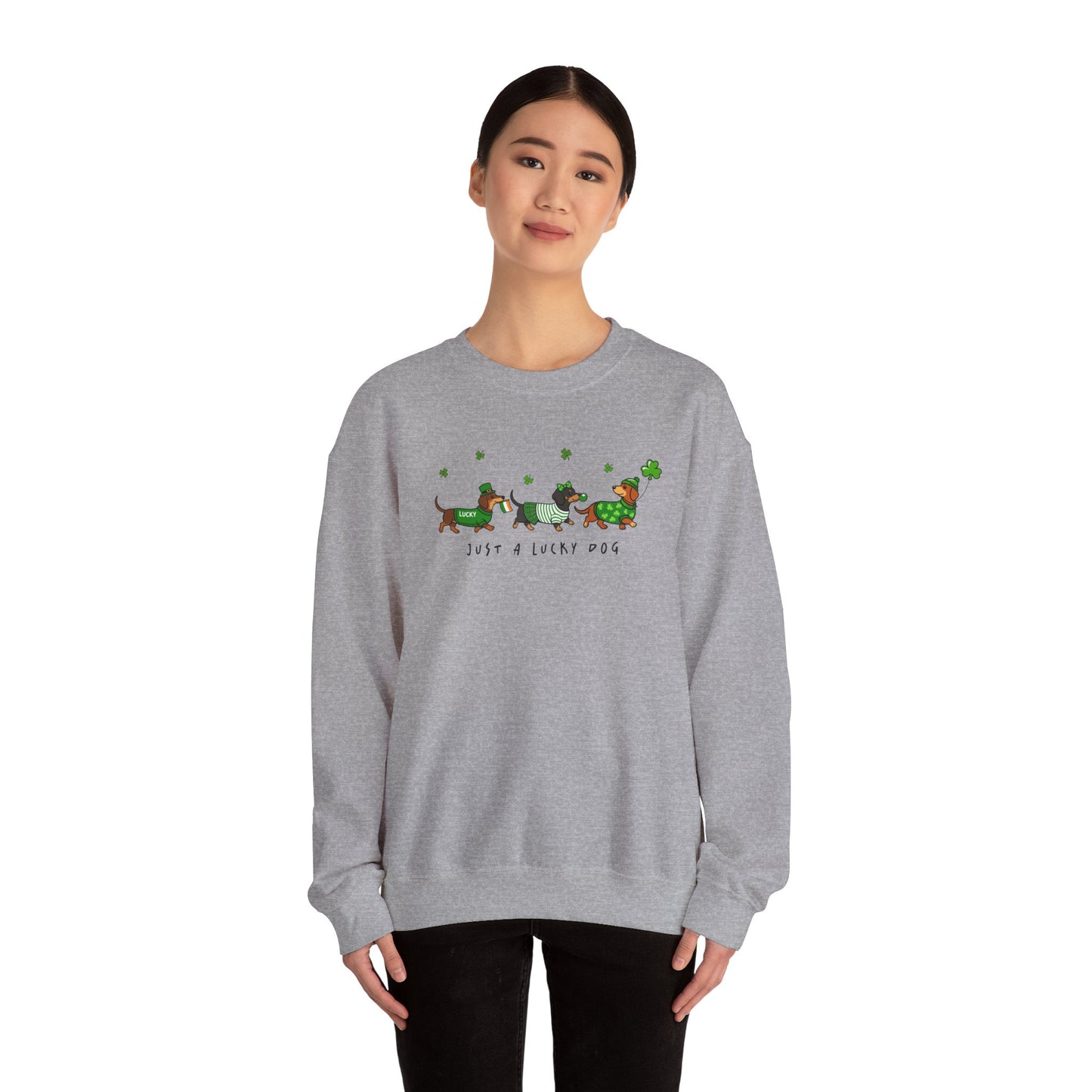 St. Patrick’s Day Dachshund Sweatshirt – “Just a Lucky Dog” Crewneck