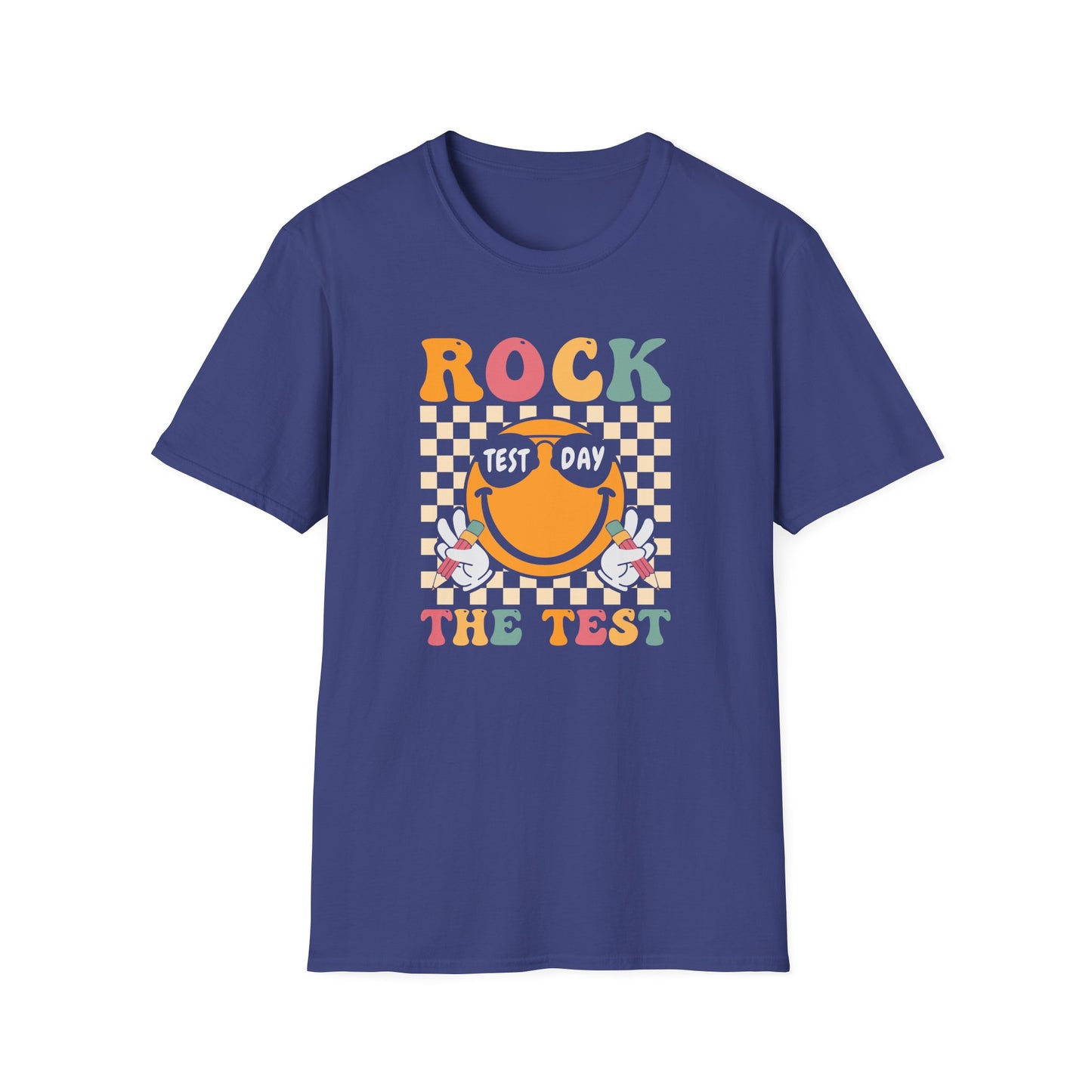 Rock The Test T-Shirt — Retro Smiley Motivation Tee for Students & Teachers