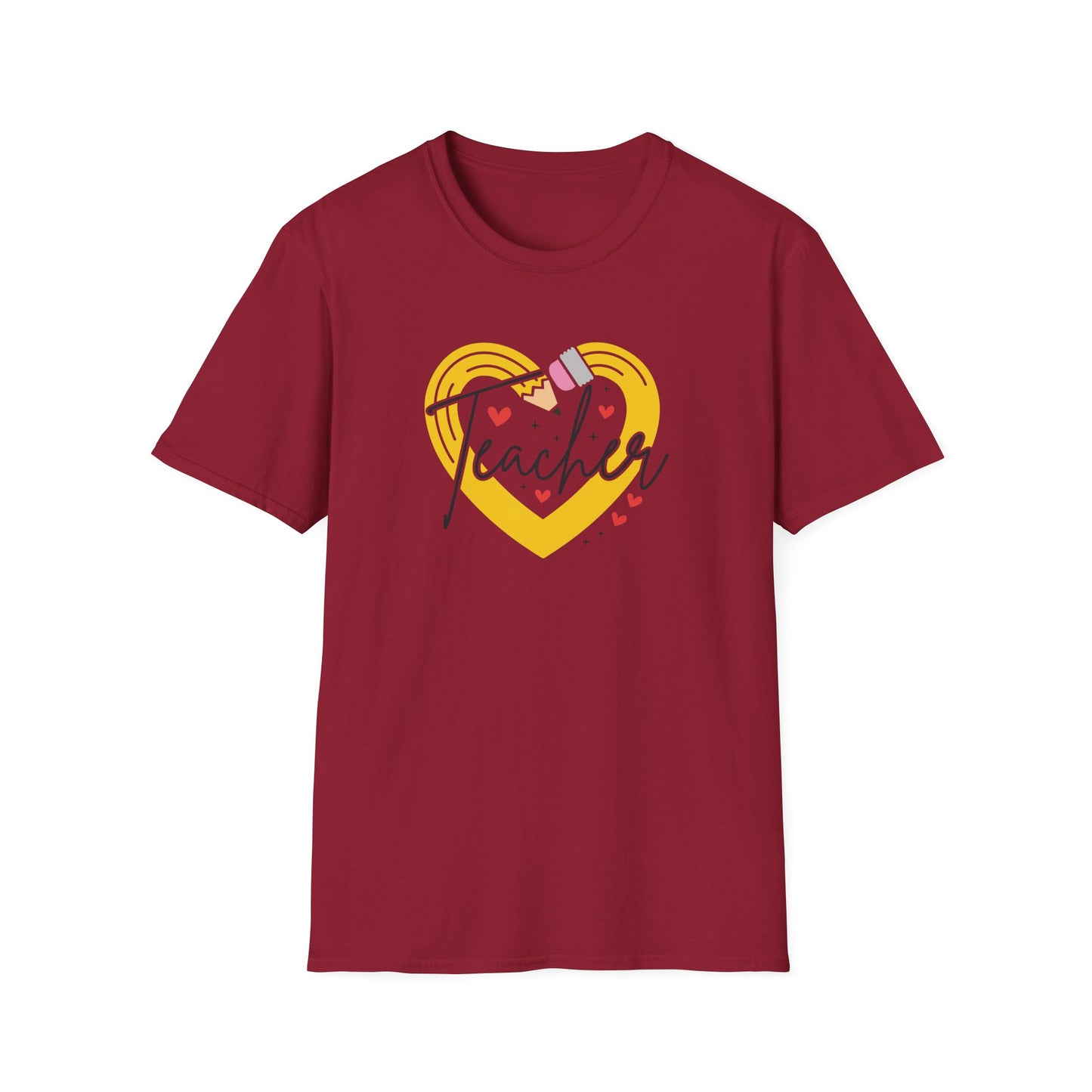 Teacher Heart Graphic T‑Shirt — Cute Yellow Heart, Pencil & 'Teacher' Script