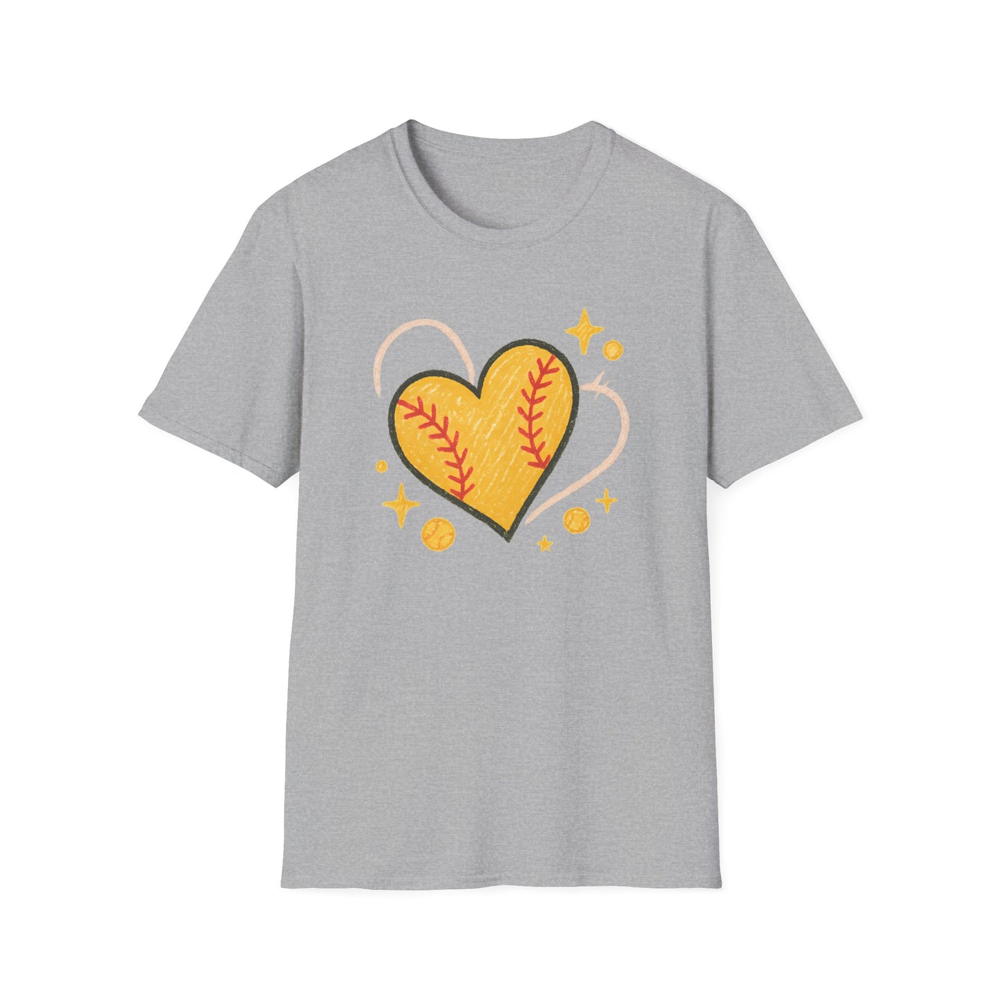 Softball Heart Shirt – Cute Softball Love Graphic Tee, Yellow Softball Heart Design, Softball Mom Gift, Fast Pitch Softball Apparel