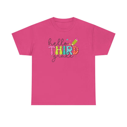 Hello Third Grade T-Shirt - Cute Back-to-School Tee with Colorful Pencil Design - Teacher Team Tee