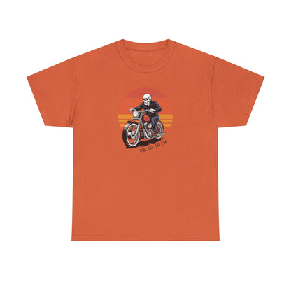 Motorcycle Rider Tee — Retro Sunset Biker Graphic "Ride Fast, Live Free" - Skeleton Biker T-Shirt