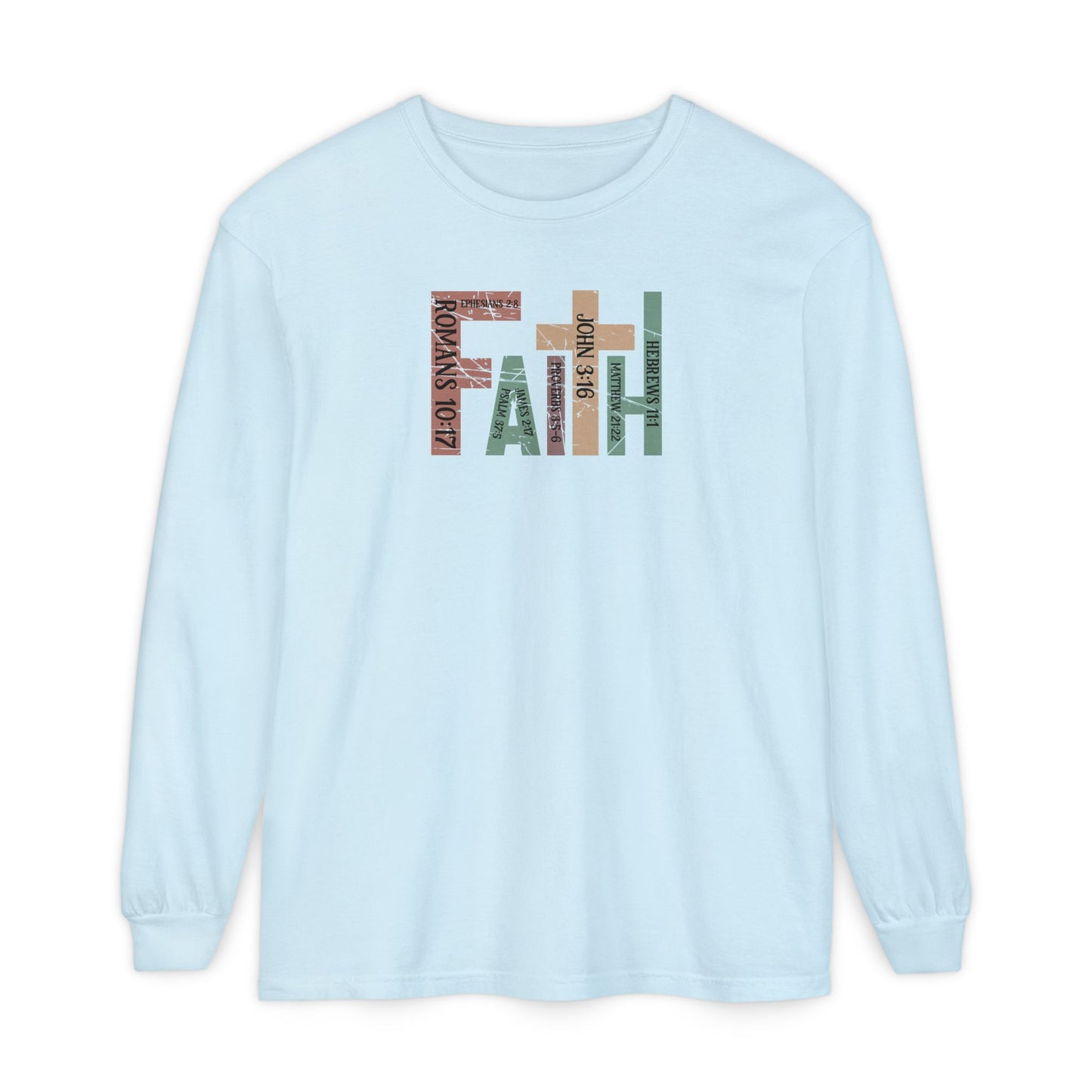 Faith Cross Long Sleeve Tee — Christian Scripture Romans 10:17 Shirt