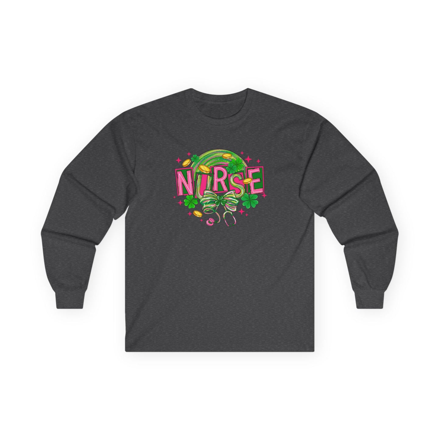 Nurse Stethoscope Graphic Long Sleeve Tee — Cute Green & Pink Healthcare Shirt