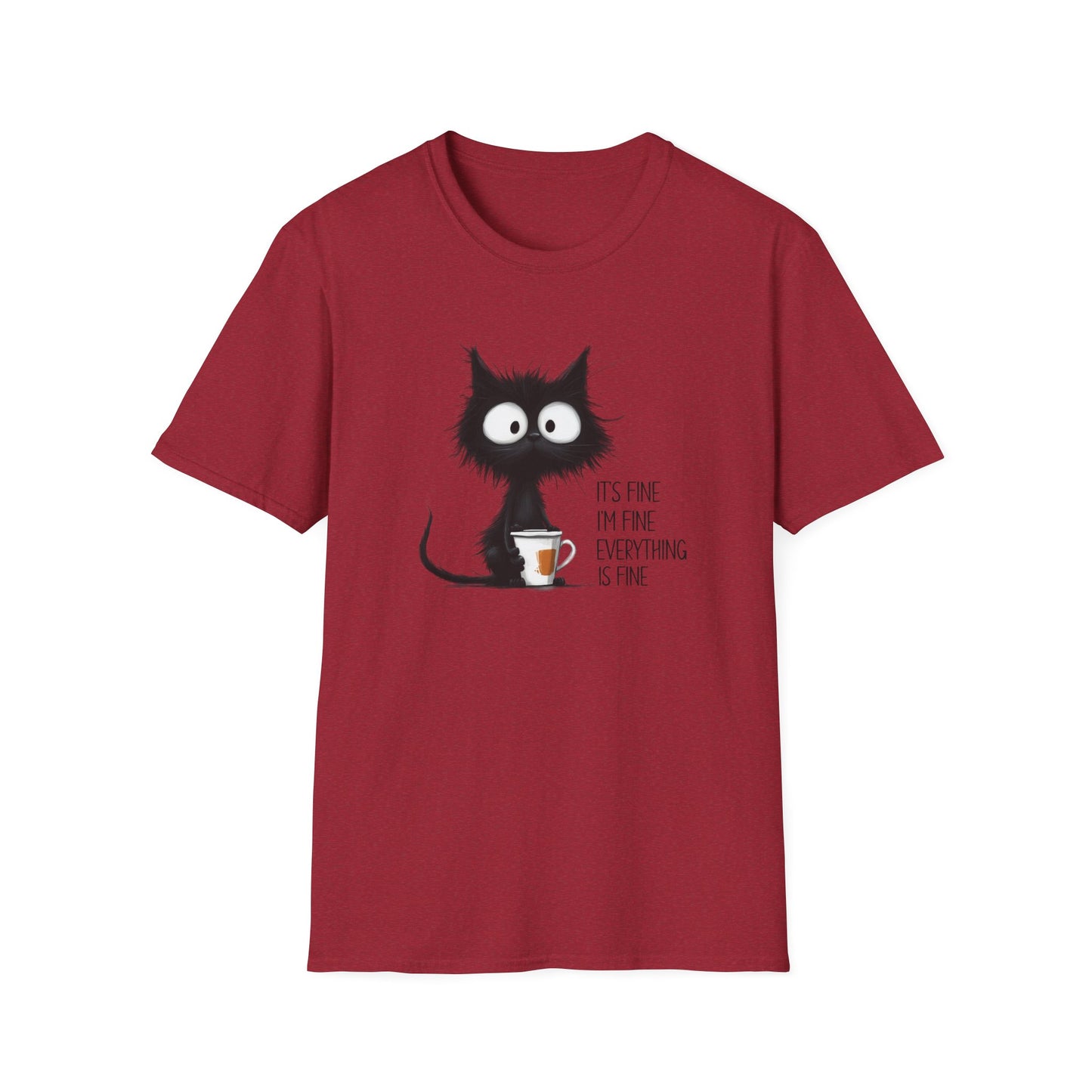 It’s Fine I’m Fine Everything Is Fine Cat Shirt – Funny Black Cat Coffee T-Shirt, Anxious Cat Graphic Tee, Relatable Humor Gift