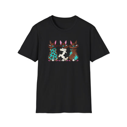 Western Easter Bunny T-Shirt – Cowgirl Bunny Graphic Tee, Rustic Cow Print & Leopard Bunny Shirt, Country Easter Shirt, Farmhouse Spring Tee