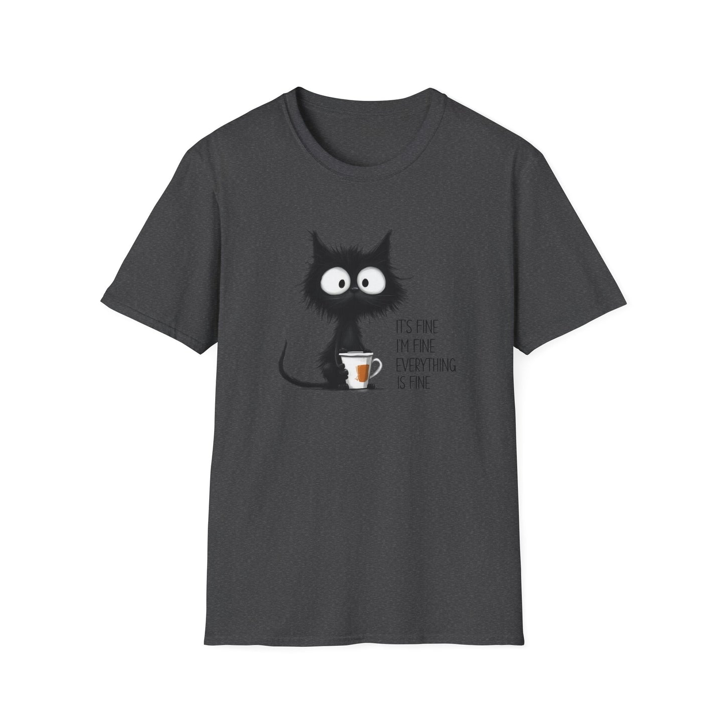 It’s Fine I’m Fine Everything Is Fine Cat Shirt – Funny Black Cat Coffee T-Shirt, Anxious Cat Graphic Tee, Relatable Humor Gift