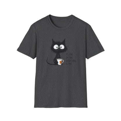 It’s Fine I’m Fine Everything Is Fine Cat Shirt – Funny Black Cat Coffee T-Shirt, Anxious Cat Graphic Tee, Relatable Humor Gift