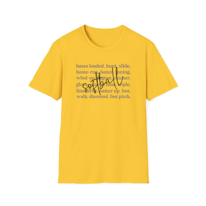 Softball Terms Shirt – Fast Pitch Softball Graphic Tee, Softball Words Typography Shirt, Game Day Softball Fan Apparel, Softball Lover Gift