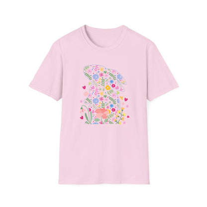 Floral Easter Bunny T-Shirt – Cute Spring Flower Bunny Graphic Tee, Pastel Botanical Easter Shirt, Colorful Rabbit Silhouette Tee for Women