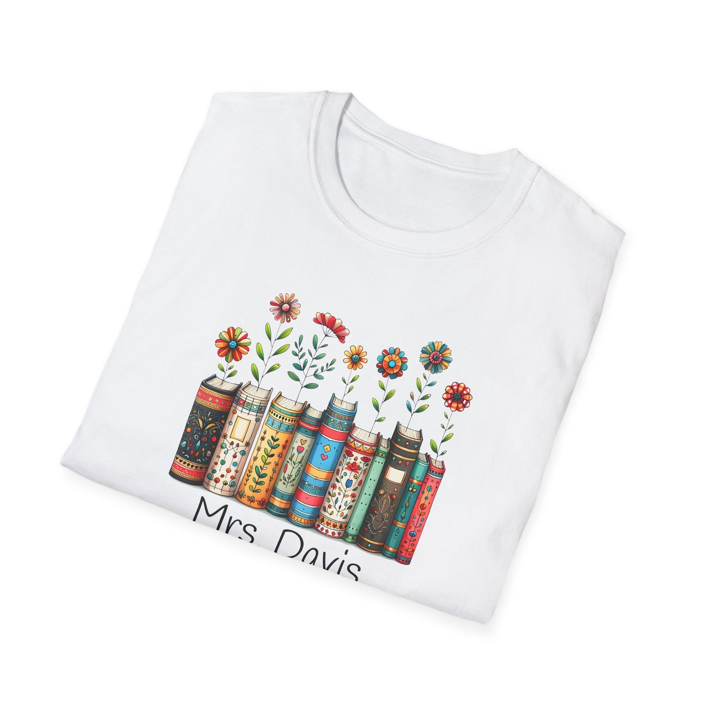 Personalized Floral Book Shirt – Custom Name Book Lover T-Shirt – Teacher & Librarian Gift – Book Stack with Flowers Tee