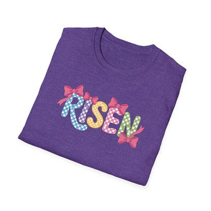 Risen Easter Shirt, Christian Easter Bunny Bow Tee, Faith Based Easter Shirt, Pastel Coquette Spring Graphic T-Shirt, Religious Easter Outfit for Women