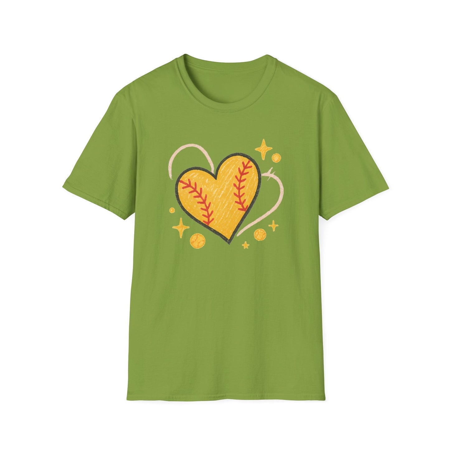 Softball Heart Shirt – Cute Softball Love Graphic Tee, Yellow Softball Heart Design, Softball Mom Gift, Fast Pitch Softball Apparel