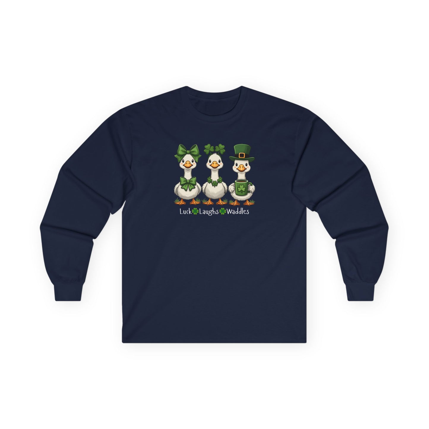 St. Patrick's Day Duck Trio Long Sleeve Tee — "Luck Laughs & Waddles"