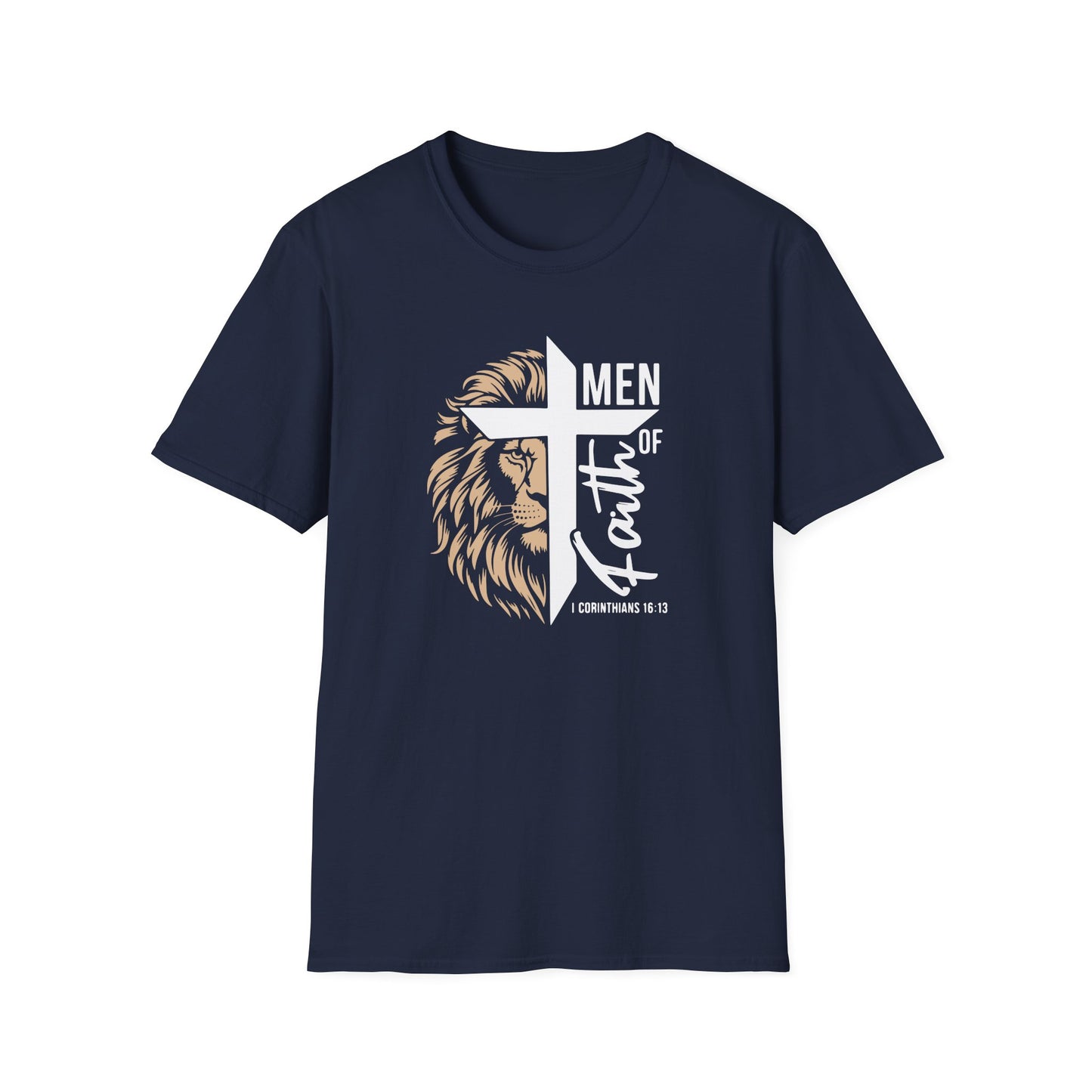 Men of Faith T-Shirt with Lion & Cross – Christian Men’s Faith Tee (Hebrews 11:1)