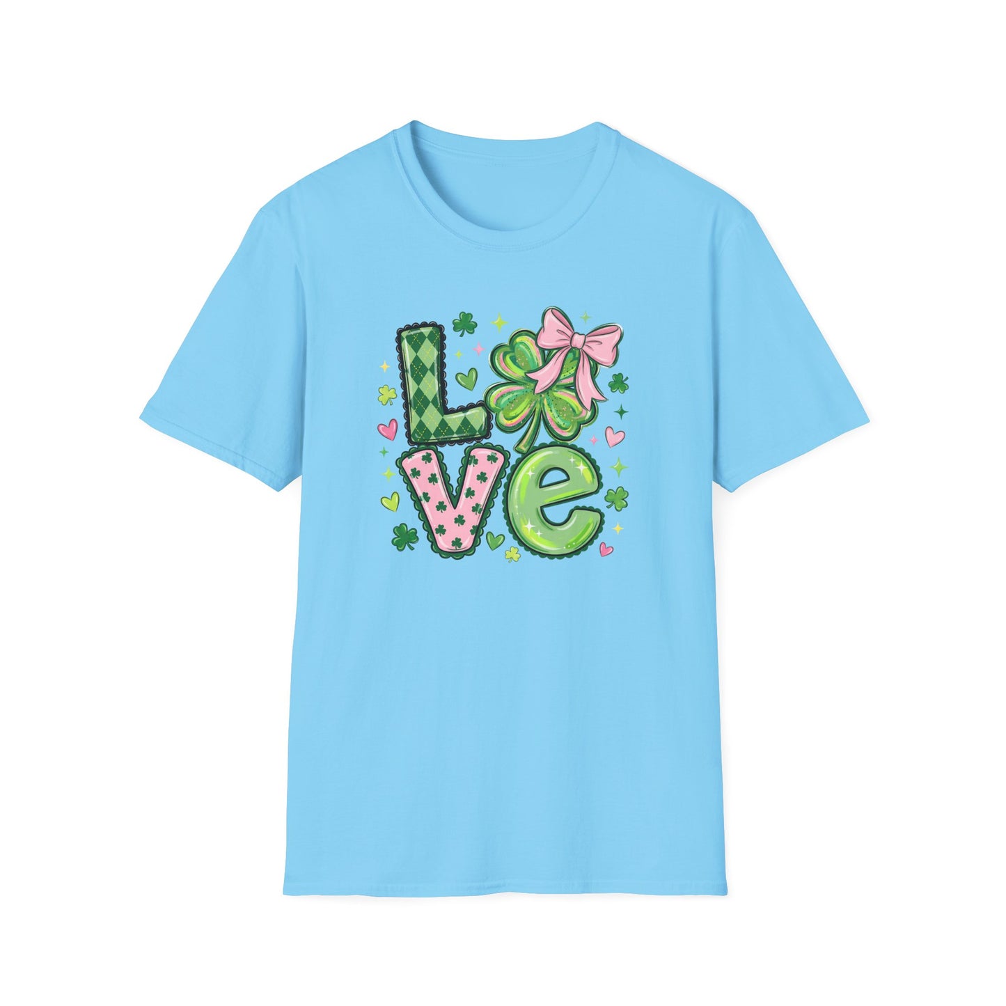 St. Patrick’s Day Love Shirt – Cute Shamrock Bow Graphic Tee, Pink & Green Clover Love Design, Lucky Irish Coquette Style Shirt