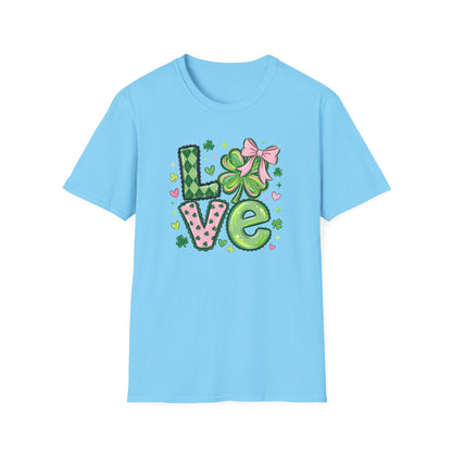 St. Patrick’s Day Love Shirt – Cute Shamrock Bow Graphic Tee, Pink & Green Clover Love Design, Lucky Irish Coquette Style Shirt