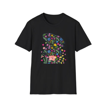 Floral Easter Bunny T-Shirt – Cute Spring Flower Bunny Graphic Tee, Pastel Botanical Easter Shirt, Colorful Rabbit Silhouette Tee for Women