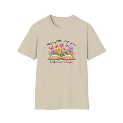 Helping Little Minds Grow Teacher Shirt | Teach Love Inspire Floral Book Tee