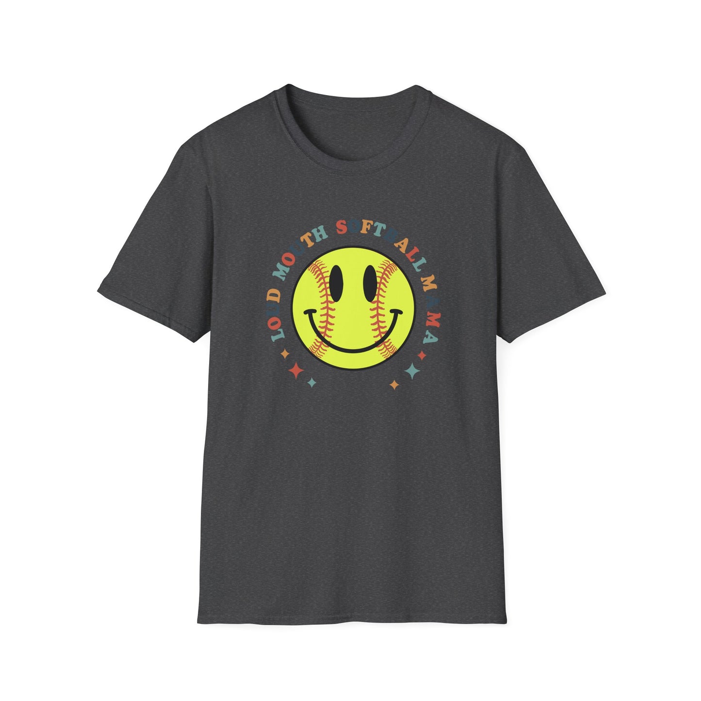 Loud Mouth Softball Mama Shirt – Retro Smiley Softball Graphic Tee, Funny Softball Mom Shirt, Vintage Game Day Apparel