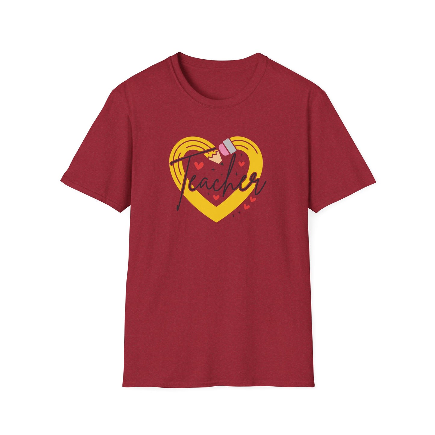 Teacher Heart Graphic T‑Shirt — Cute Yellow Heart, Pencil & 'Teacher' Script