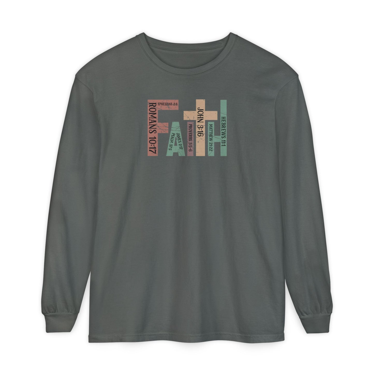 Faith Cross Long Sleeve Tee — Christian Scripture Romans 10:17 Shirt