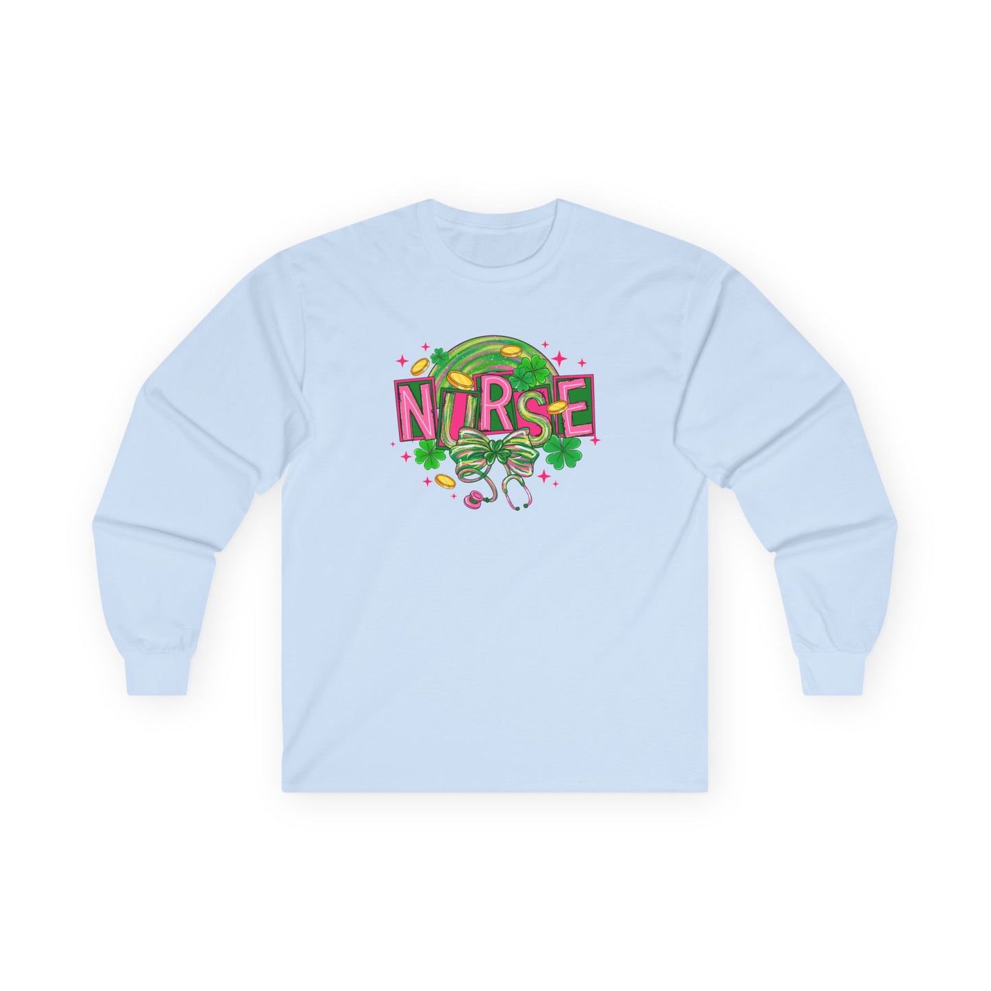 Nurse Stethoscope Graphic Long Sleeve Tee — Cute Green & Pink Healthcare Shirt
