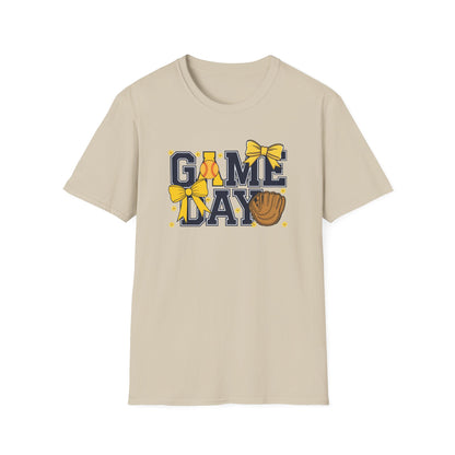 Game Day Softball Bow Shirt – Cute Baseball Mom Tee, Yellow Bow Sports Graphic T-Shirt, Women’s Game Day Outfit, Softball Fan Apparel