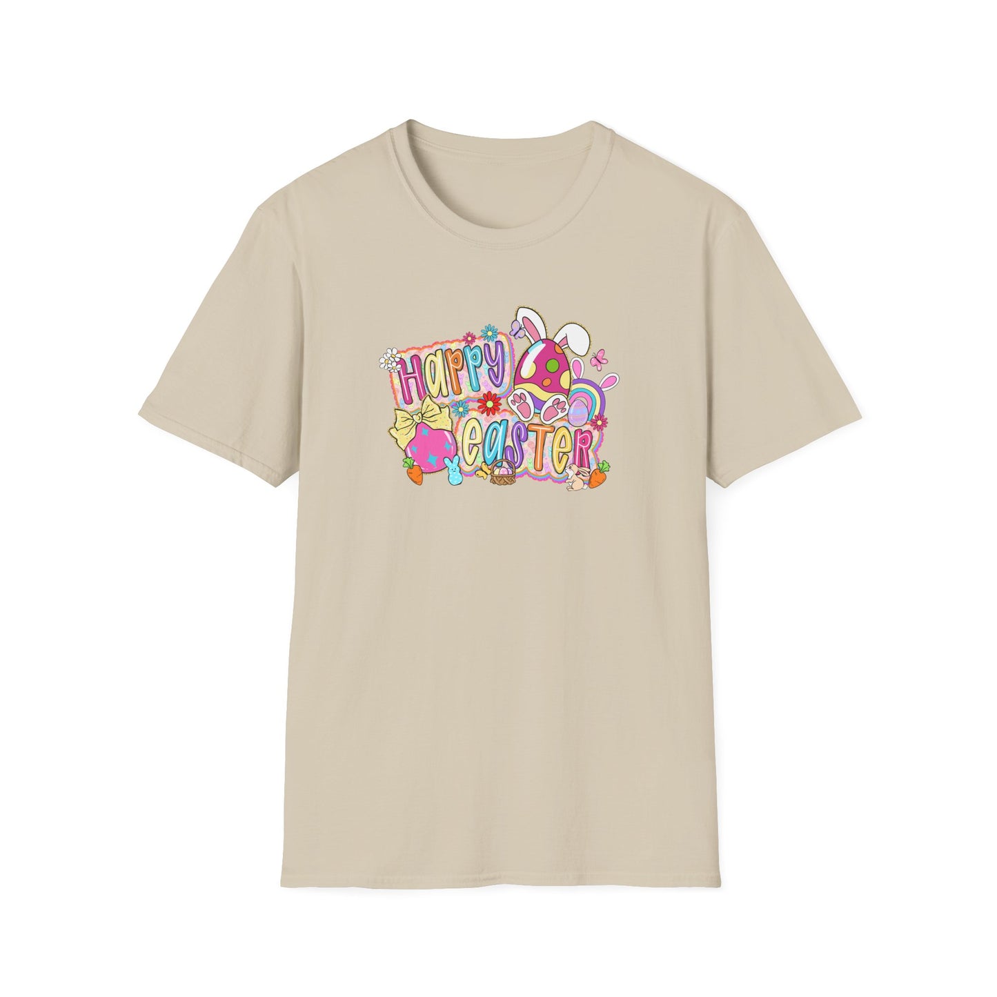 Happy Easter Graphic T-Shirt — Colorful Bunny & Eggs Spring Tee