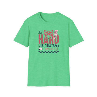 Hit Hard Run Fast Turn Left Baseball Shirt – Cute Softball Bow Tee | Game Day Shirt for Women | Sports Mom Graphic T-Shirt